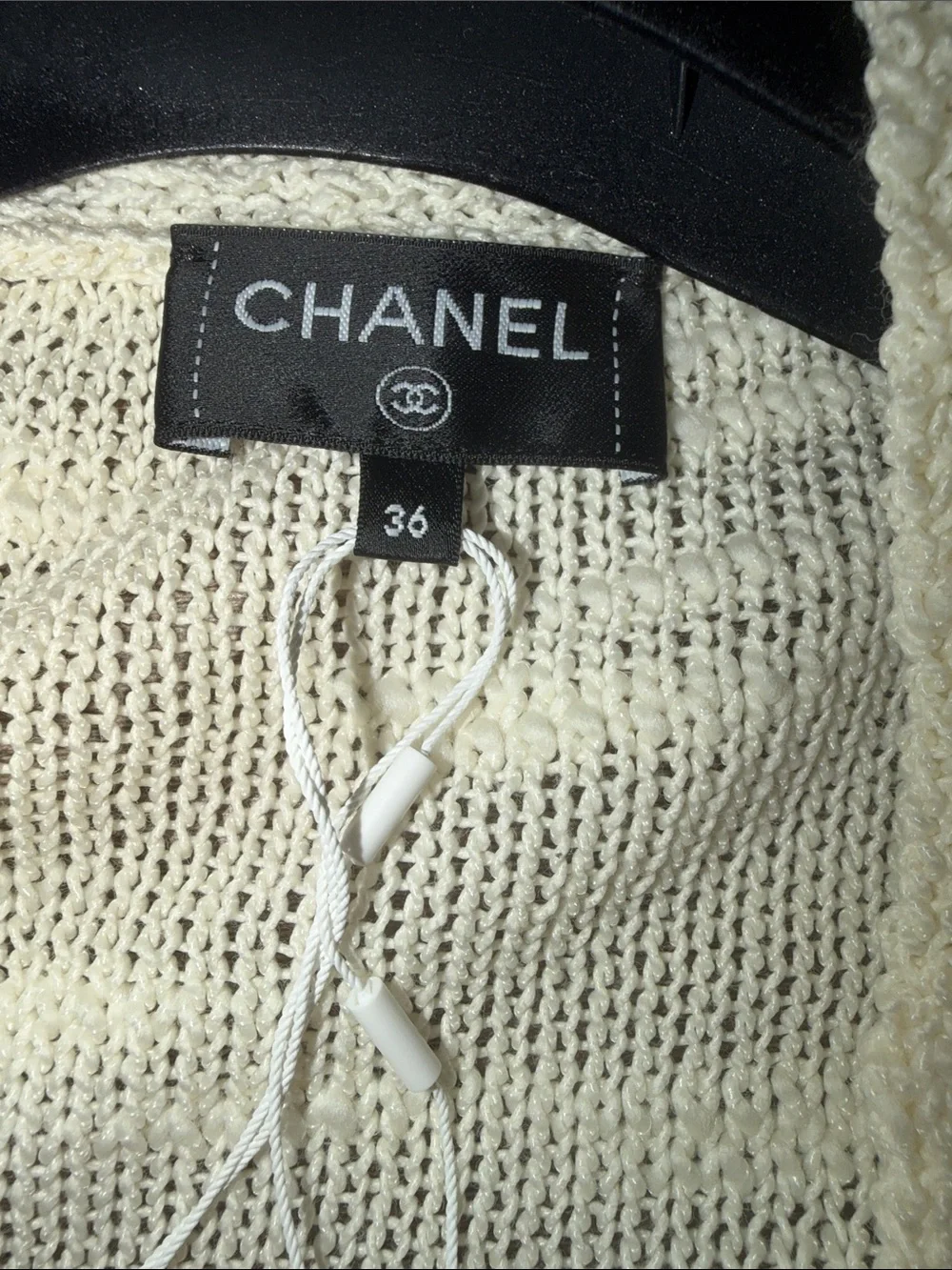CHANEL Cream Knit Cardigan with Brown Trim and Decorative Buttons
